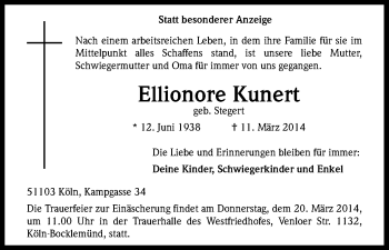 Anzeige von Ellionore Kunert von Kölner Stadt-Anzeiger / Kölnische Rundschau / Express