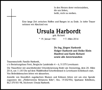 Anzeige von Ursula Harbordt von Kölner Stadt-Anzeiger / Kölnische Rundschau / Express