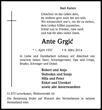 Anzeige von Ante Grgić von Kölner Stadt-Anzeiger / Kölnische Rundschau / Express