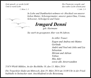Anzeige von Irmgard Denni von Kölner Stadt-Anzeiger / Kölnische Rundschau / Express