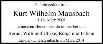 Anzeige von Kurt Wilhelm Mausbach von Kölner Stadt-Anzeiger / Kölnische Rundschau / Express