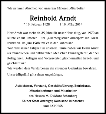 Anzeige von Reinhold Arndt von Kölner Stadt-Anzeiger / Kölnische Rundschau / Express