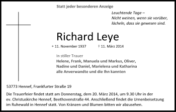 Anzeige von Richard Leye von Kölner Stadt-Anzeiger / Kölnische Rundschau / Express
