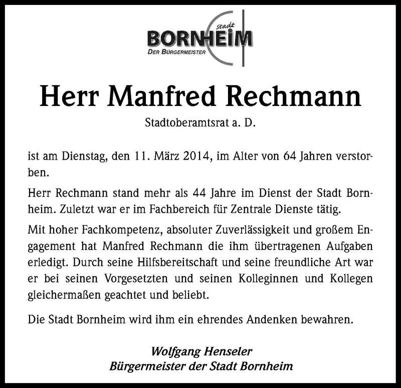  Traueranzeige für Manfred Rechmann vom 15.03.2014 aus Kölner Stadt-Anzeiger / Kölnische Rundschau / Express