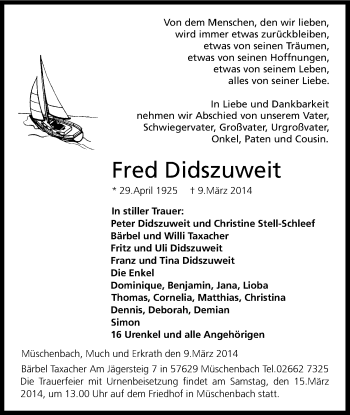 Anzeige von Fred Didszuweit von Kölner Stadt-Anzeiger / Kölnische Rundschau / Express