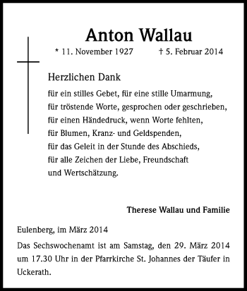 Anzeige von Anton Wallau von Kölner Stadt-Anzeiger / Kölnische Rundschau / Express