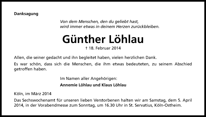  Traueranzeige für Günther Löhlau vom 22.03.2014 aus Kölner Stadt-Anzeiger / Kölnische Rundschau / Express