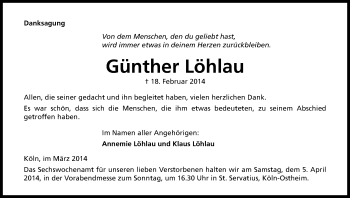 Anzeige von Günther Löhlau von Kölner Stadt-Anzeiger / Kölnische Rundschau / Express