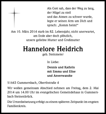 Anzeige von Hannelore Heidrich von Kölner Stadt-Anzeiger / Kölnische Rundschau / Express