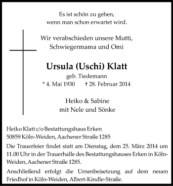 Anzeige von Ursula Klatt von Kölner Stadt-Anzeiger / Kölnische Rundschau / Express