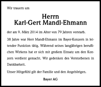 Anzeige von Karl-Gert Mandl-Ehmann von Kölner Stadt-Anzeiger / Kölnische Rundschau / Express