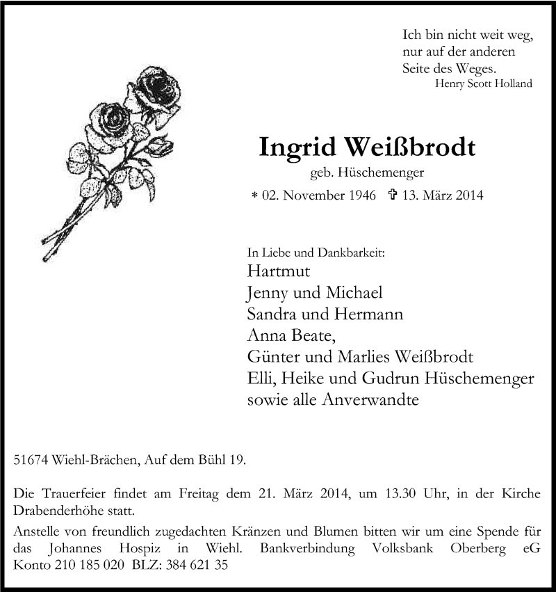  Traueranzeige für Ingrid Weißbrodt vom 17.03.2014 aus Kölner Stadt-Anzeiger / Kölnische Rundschau / Express