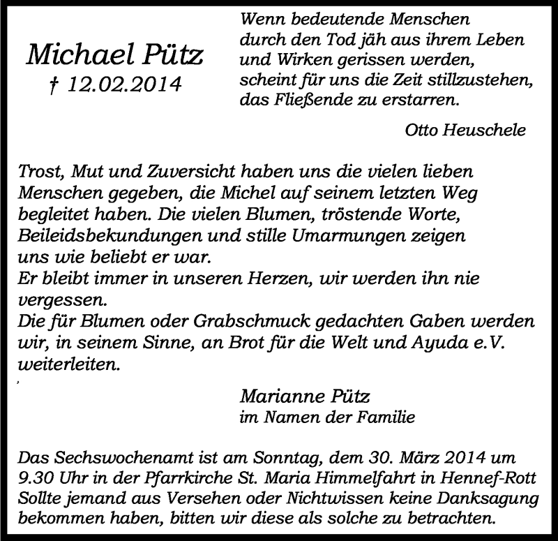  Traueranzeige für Michael Pütz vom 22.03.2014 aus Kölner Stadt-Anzeiger / Kölnische Rundschau / Express