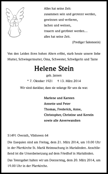 Anzeige von Helene Stein von Kölner Stadt-Anzeiger / Kölnische Rundschau / Express