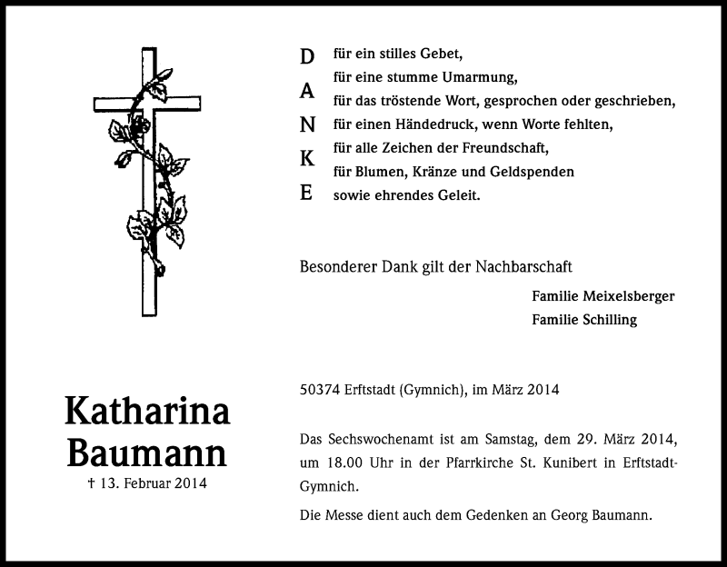  Traueranzeige für Katharina Baumann vom 26.03.2014 aus Kölner Stadt-Anzeiger / Kölnische Rundschau / Express