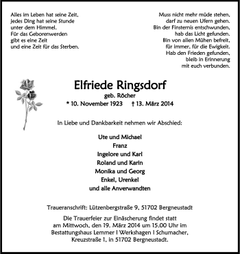Anzeige von Elfriede Ringsdorf von Kölner Stadt-Anzeiger / Kölnische Rundschau / Express