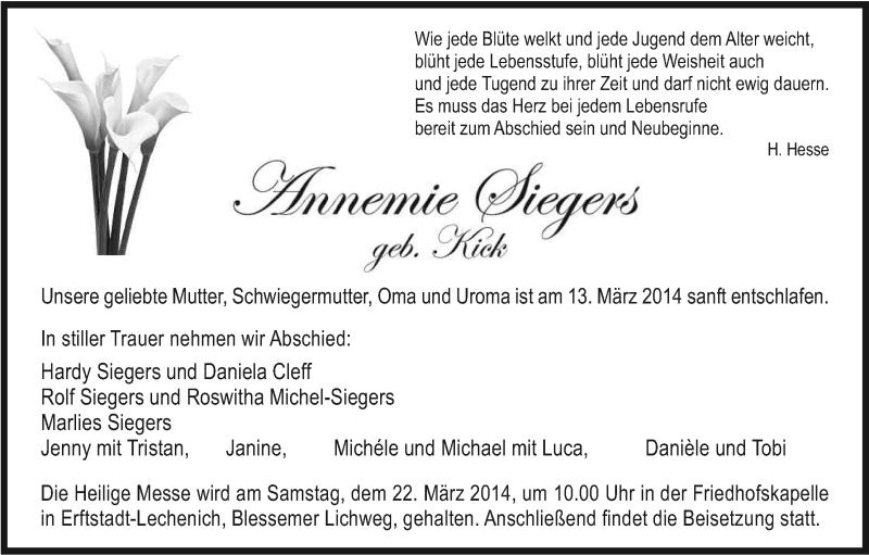 Traueranzeige für Annemie Siegers vom 19.03.2014 aus Kölner Stadt-Anzeiger / Kölnische Rundschau / Express