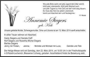 Anzeige von Annemie Siegers von Kölner Stadt-Anzeiger / Kölnische Rundschau / Express