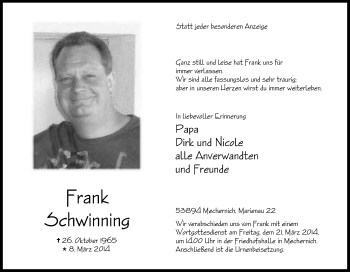 Anzeige von Frank Schwinning von Kölner Stadt-Anzeiger / Kölnische Rundschau / Express