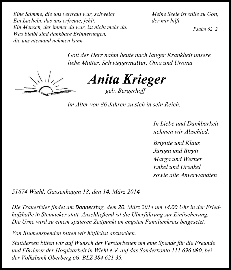 Traueranzeige für Anita Krieger vom 17.03.2014 aus Kölner Stadt-Anzeiger / Kölnische Rundschau / Express