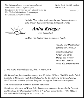 Anzeige von Anita Krieger von Kölner Stadt-Anzeiger / Kölnische Rundschau / Express