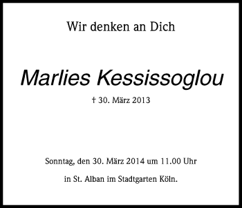Anzeige von Marlies Kessissoglou von Kölner Stadt-Anzeiger / Kölnische Rundschau / Express