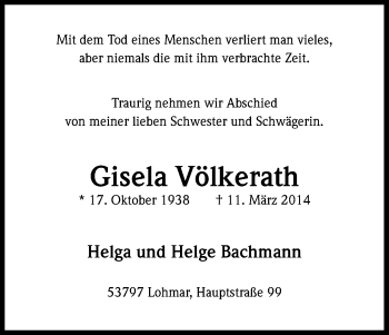 Anzeige von Gisela Völkerath von Kölner Stadt-Anzeiger / Kölnische Rundschau / Express