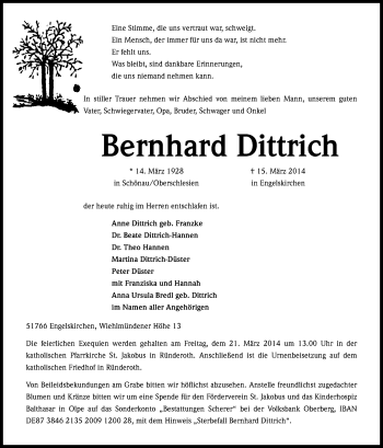 Anzeige von Bernhard Dittrich von Kölner Stadt-Anzeiger / Kölnische Rundschau / Express