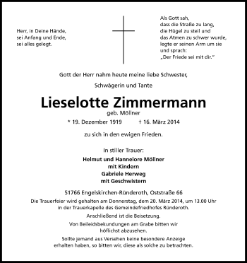 Anzeige von Lieselotte Zimmermann von Kölner Stadt-Anzeiger / Kölnische Rundschau / Express