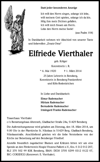 Anzeige von Elfriede Vierthaler von Kölner Stadt-Anzeiger / Kölnische Rundschau / Express