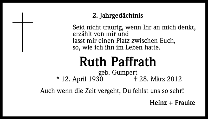  Traueranzeige für Ruth Paffrath vom 28.03.2014 aus Kölner Stadt-Anzeiger / Kölnische Rundschau / Express
