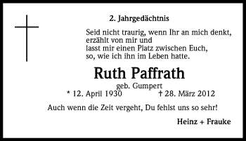 Anzeige von Ruth Paffrath von Kölner Stadt-Anzeiger / Kölnische Rundschau / Express
