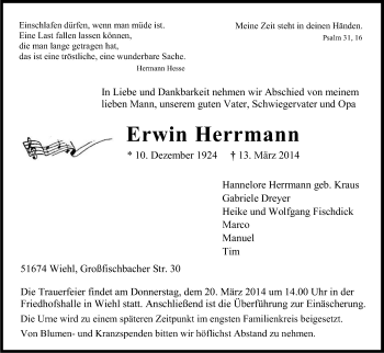 Anzeige von Erwin Herrmann von Kölner Stadt-Anzeiger / Kölnische Rundschau / Express