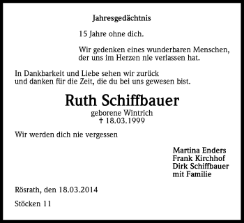 Anzeige von Ruth Schiffbauer von Kölner Stadt-Anzeiger / Kölnische Rundschau / Express