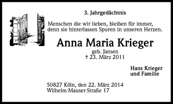 Anzeige von Anna Maria Krieger von Kölner Stadt-Anzeiger / Kölnische Rundschau / Express