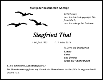 Anzeige von Siegfried Thal von Kölner Stadt-Anzeiger / Kölnische Rundschau / Express