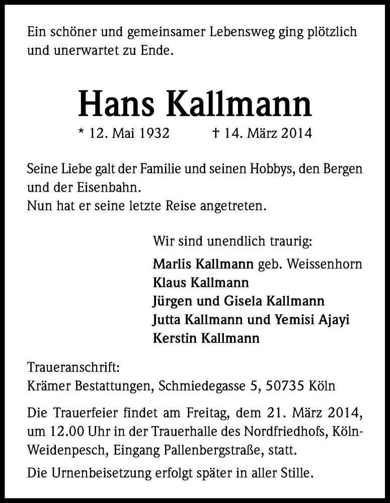  Traueranzeige für Hans Kallmann vom 18.03.2014 aus Kölner Stadt-Anzeiger / Kölnische Rundschau / Express