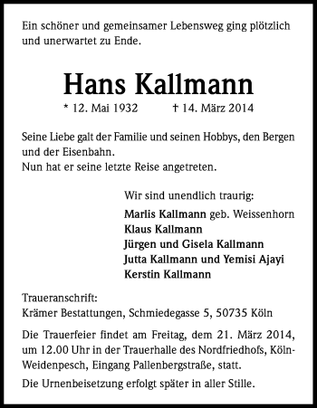 Anzeige von Hans Kallmann von Kölner Stadt-Anzeiger / Kölnische Rundschau / Express