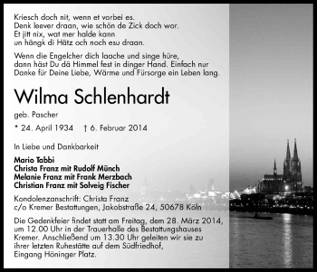 Anzeige von Wilma Schlenhardt von Kölner Stadt-Anzeiger / Kölnische Rundschau / Express