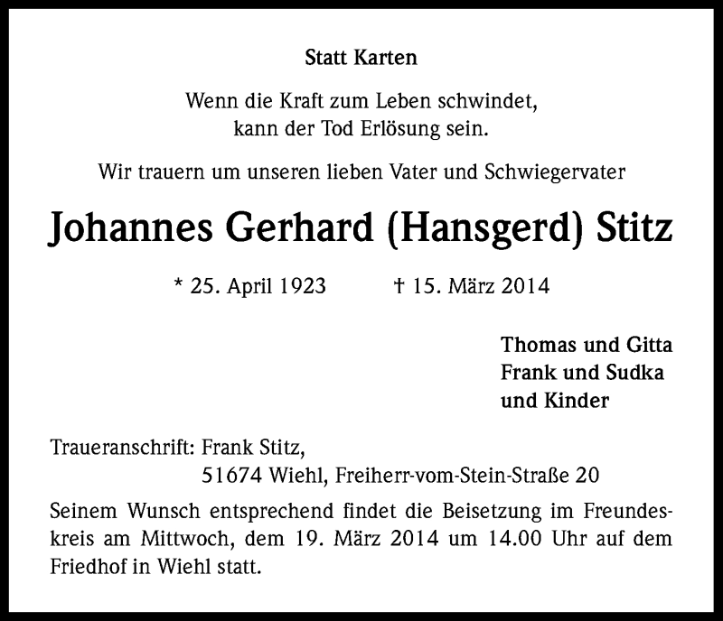  Traueranzeige für Johannes Gerhard  Stitz vom 18.03.2014 aus Kölner Stadt-Anzeiger / Kölnische Rundschau / Express