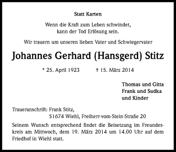 Anzeige von Johannes Gerhard  Stitz von Kölner Stadt-Anzeiger / Kölnische Rundschau / Express