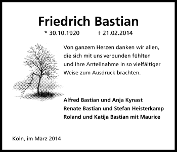 Anzeige von Friedrich Bastian von Kölner Stadt-Anzeiger / Kölnische Rundschau / Express