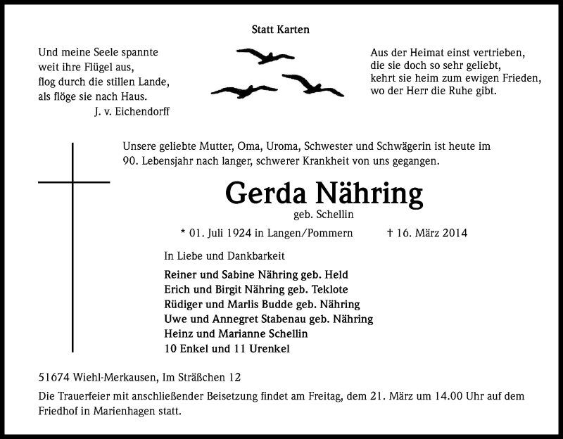  Traueranzeige für Gerda Nähring vom 18.03.2014 aus Kölner Stadt-Anzeiger / Kölnische Rundschau / Express