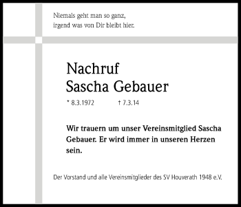 Anzeige von Sascha Gebauer von Kölner Stadt-Anzeiger / Kölnische Rundschau / Express