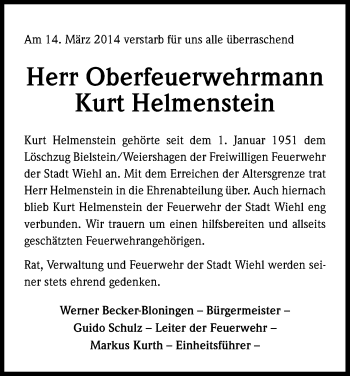 Anzeige von Kurt Helmenstein von Kölner Stadt-Anzeiger / Kölnische Rundschau / Express