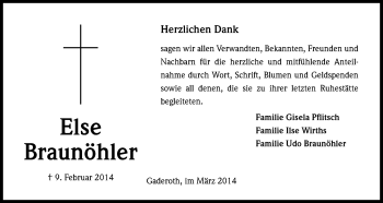 Anzeige von Else Braunöhler von Kölner Stadt-Anzeiger / Kölnische Rundschau / Express