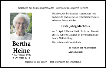 Anzeige von Berta Heine von Kölner Stadt-Anzeiger / Kölnische Rundschau / Express