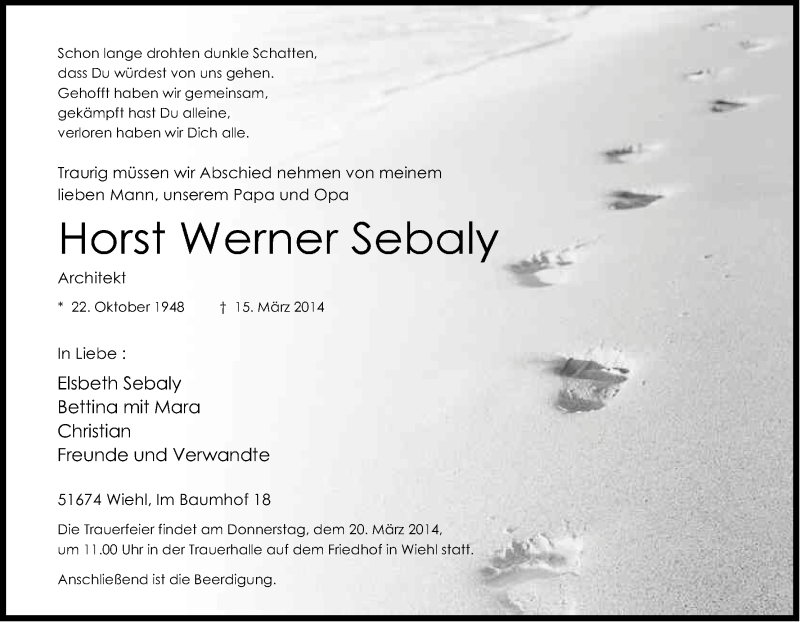  Traueranzeige für Horst Werner Sebaly vom 18.03.2014 aus Kölner Stadt-Anzeiger / Kölnische Rundschau / Express
