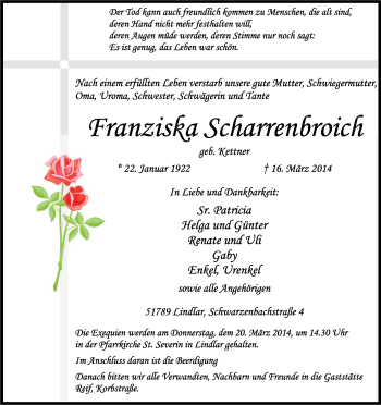 Anzeige von Franziska Scharrenroich von Kölner Stadt-Anzeiger / Kölnische Rundschau / Express