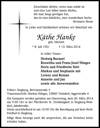 Anzeige von Katharina Hanke von Kölner Stadt-Anzeiger / Kölnische Rundschau / Express